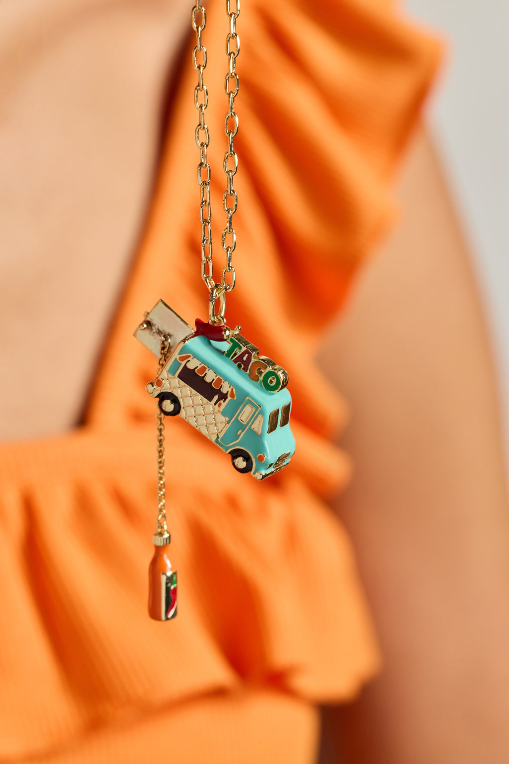 Gold-Plated Taco Truck Locket Necklace with Hot Sauce Charm