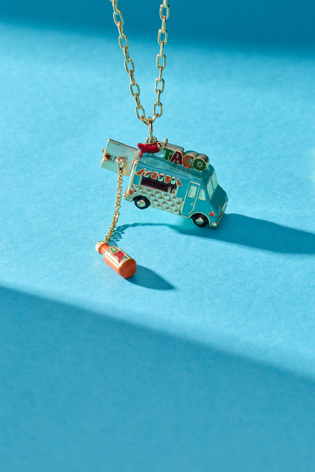 Gold-Plated Taco Truck Locket Necklace with Hot Sauce Charm