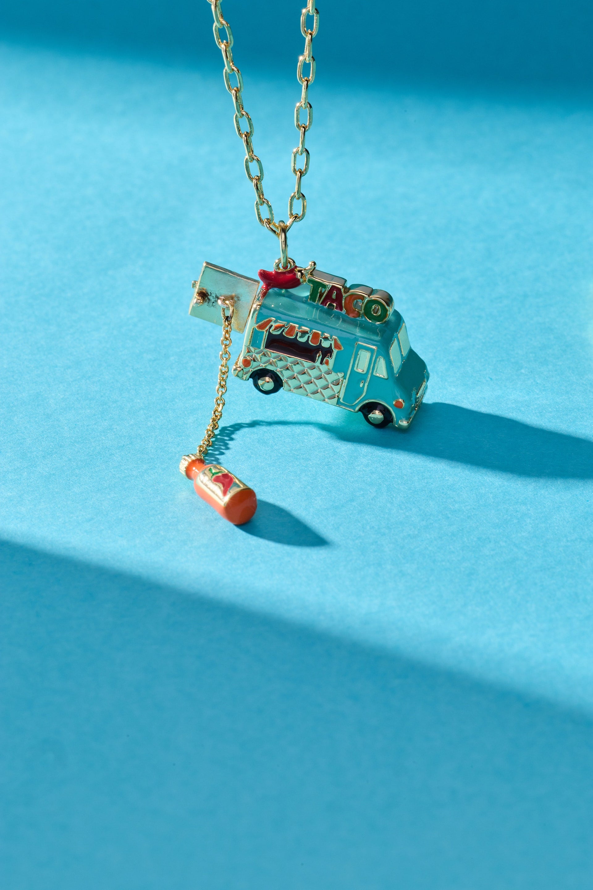 Gold-Plated Taco Truck Locket Necklace with Hot Sauce Charm