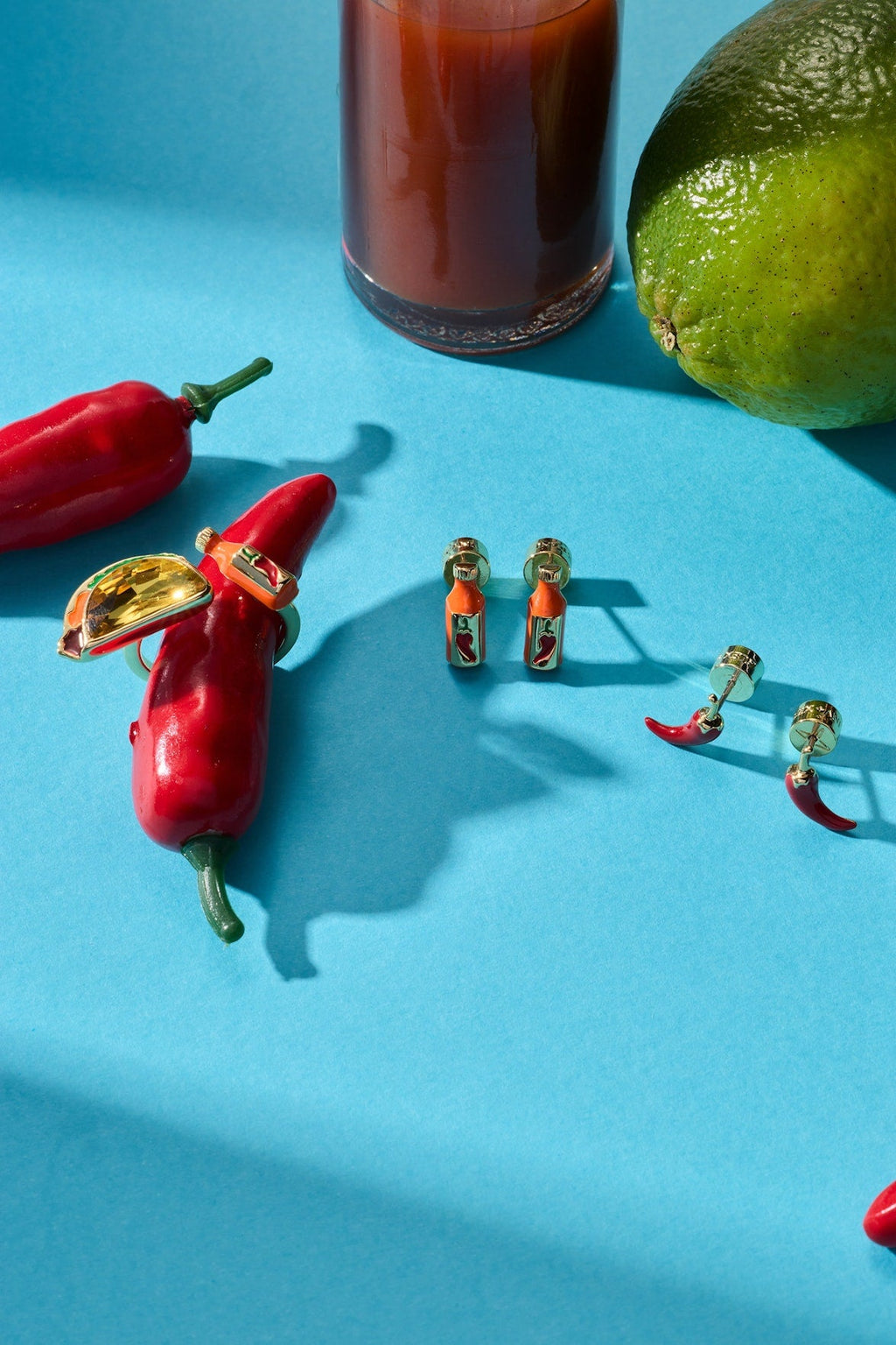 Hot Sauce and Pepper Stud Earring Set in Gold Plated Finish