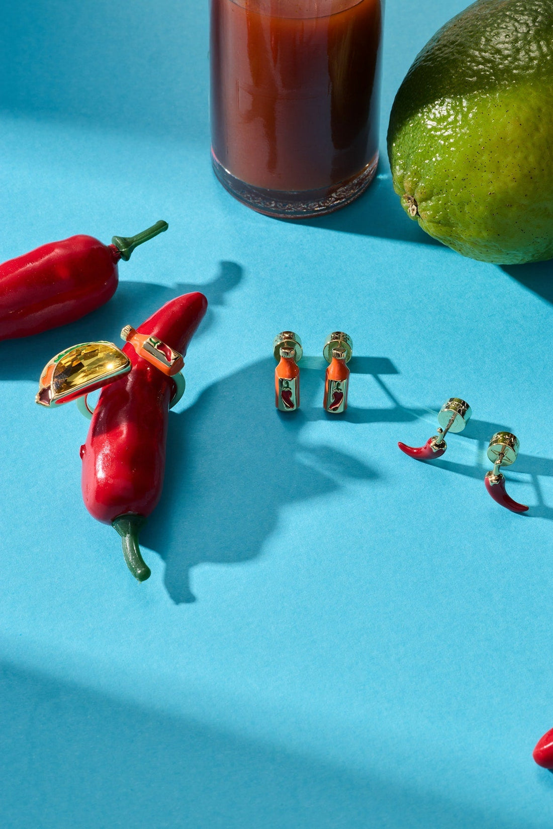 Hot Sauce and Pepper Stud Earring Set in Gold Plated Finish