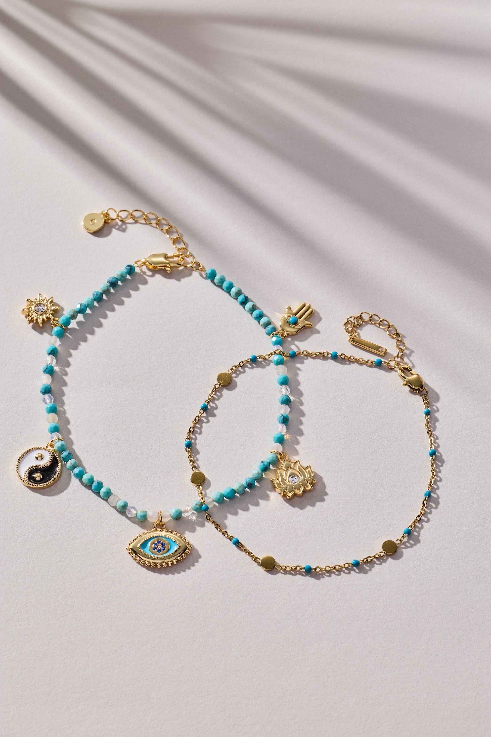 Turquoise Enameled Coin Station Anklet in Gold Plated Finish