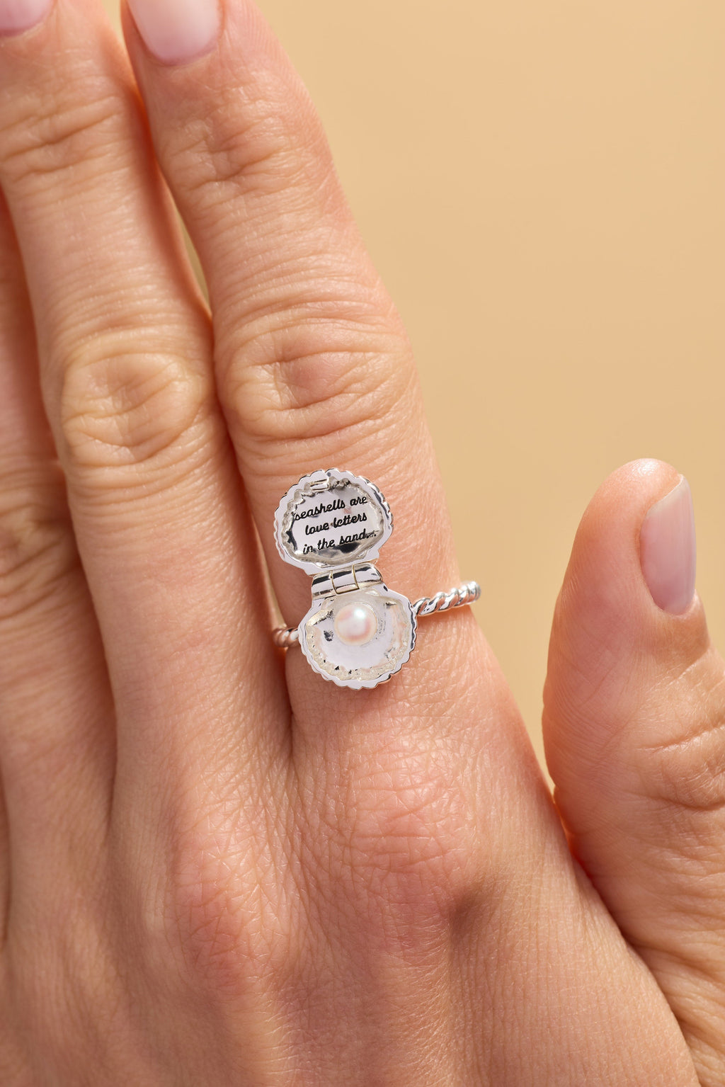 Seashell Locket Ring with Secret Message and Pearl Accent