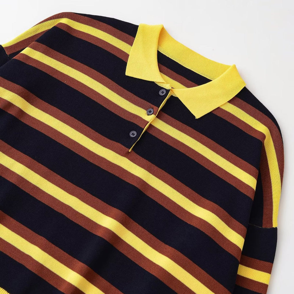 Yellow Striped Long Sleeve Polo Neck Knit Sweater - Image 3