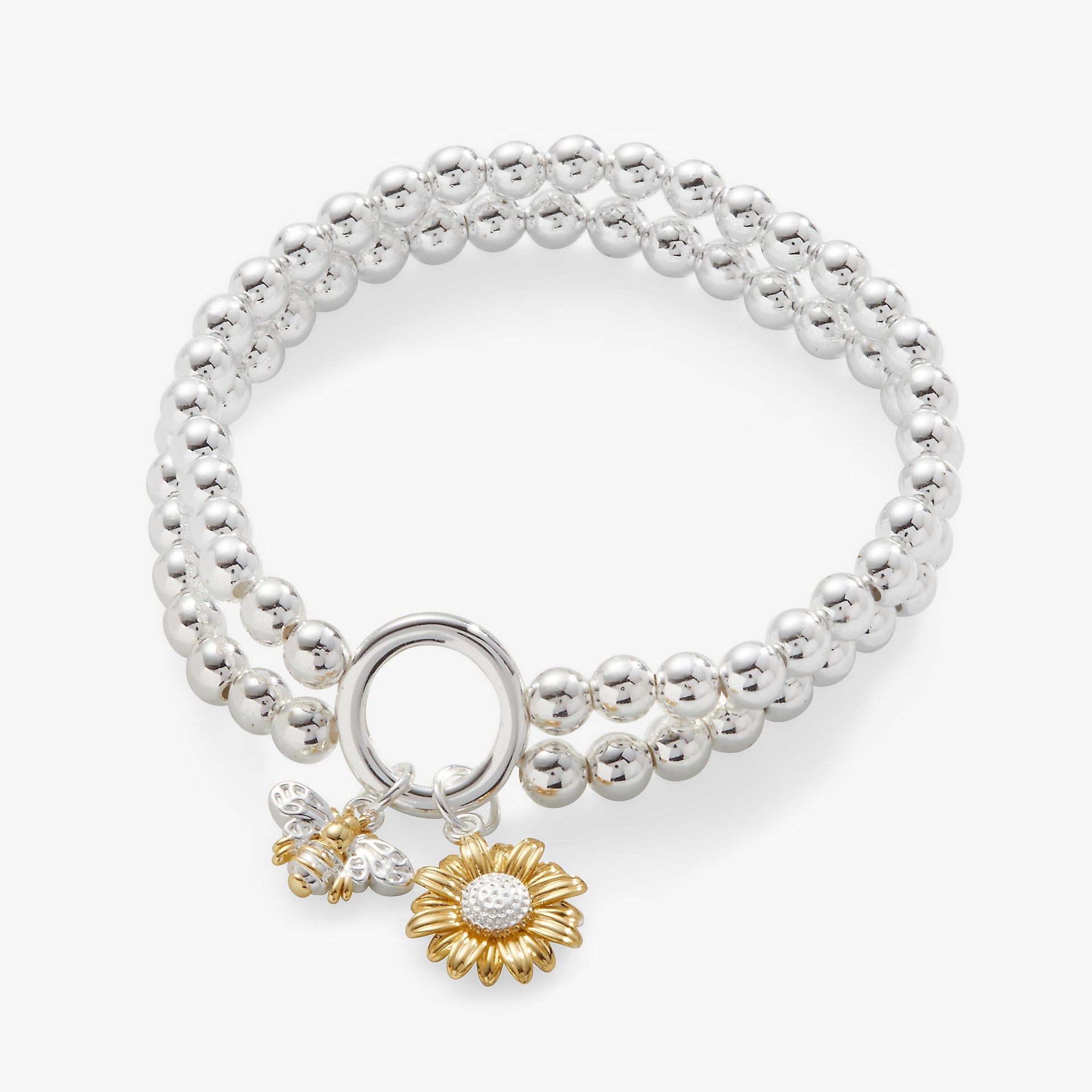 Two-tone sunflower and bee charm stretch bracelet in gold and silver
