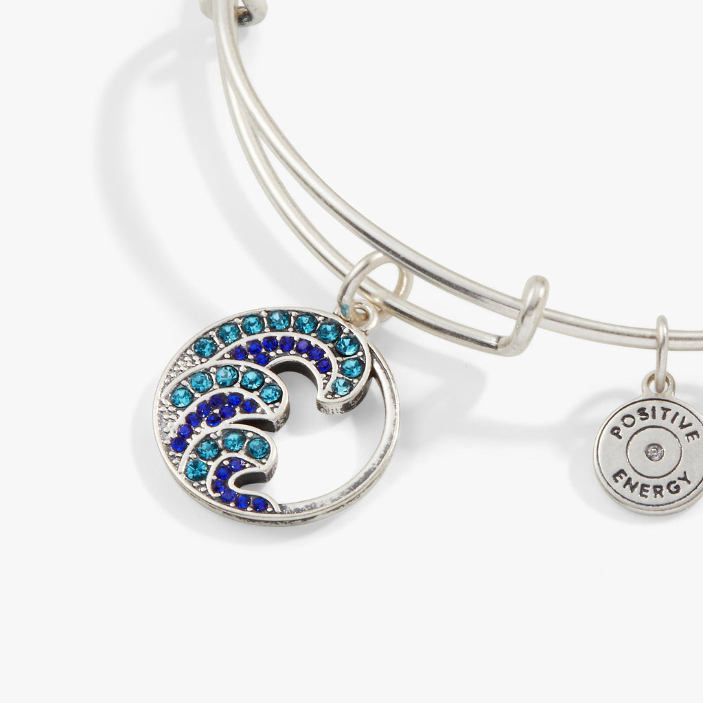 Silver Tone Wave Charm Bangle with Aquamarine Crystals