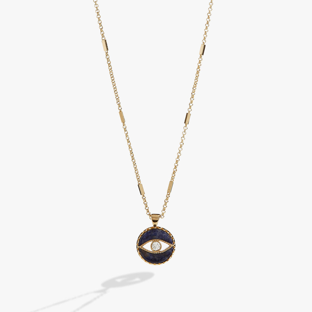 Sodalite blue evil eye pendant on an adjustable gold bar chain