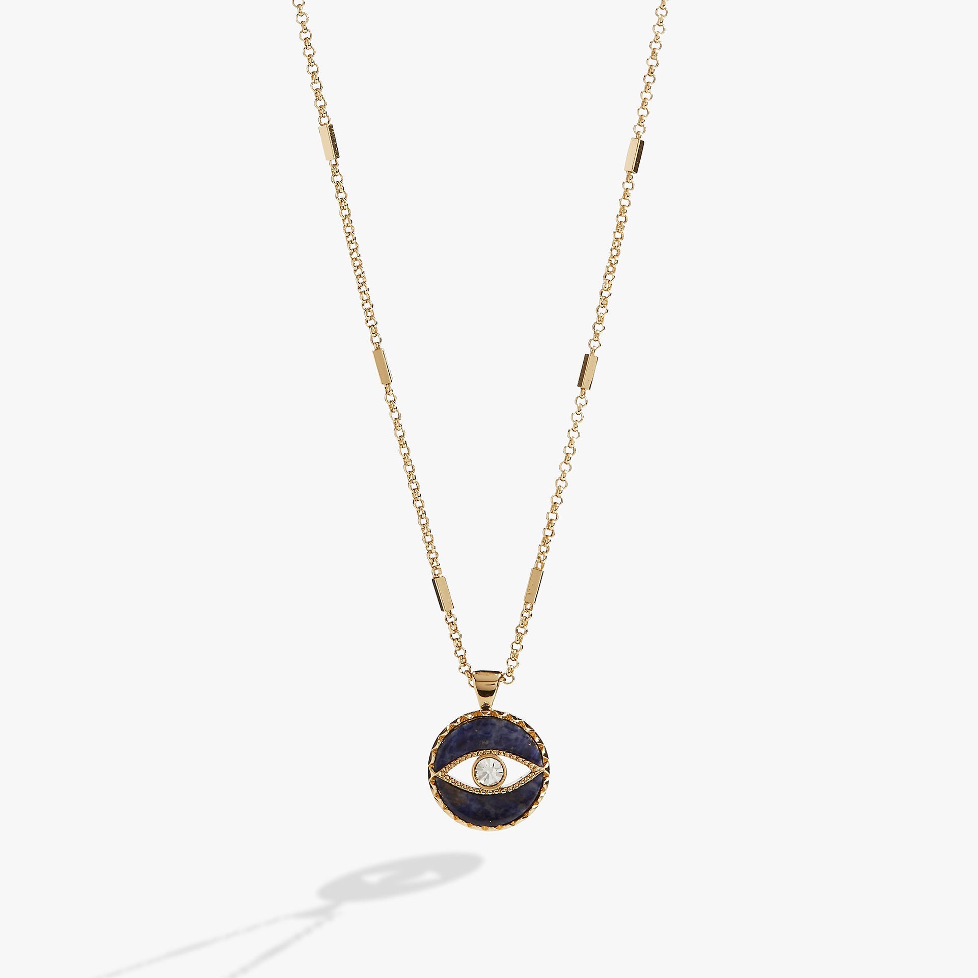 Sodalite blue evil eye pendant on an adjustable gold bar chain