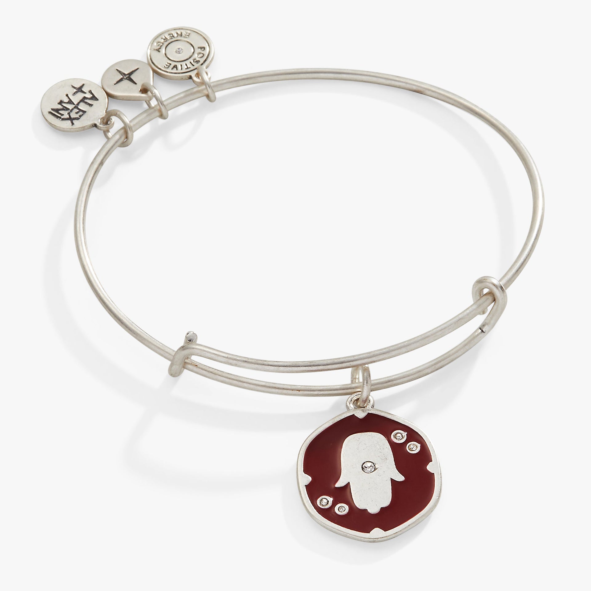 Silver expandable bangle featuring a Hamsa hand charm with glass crystals and dark-red epoxy details.