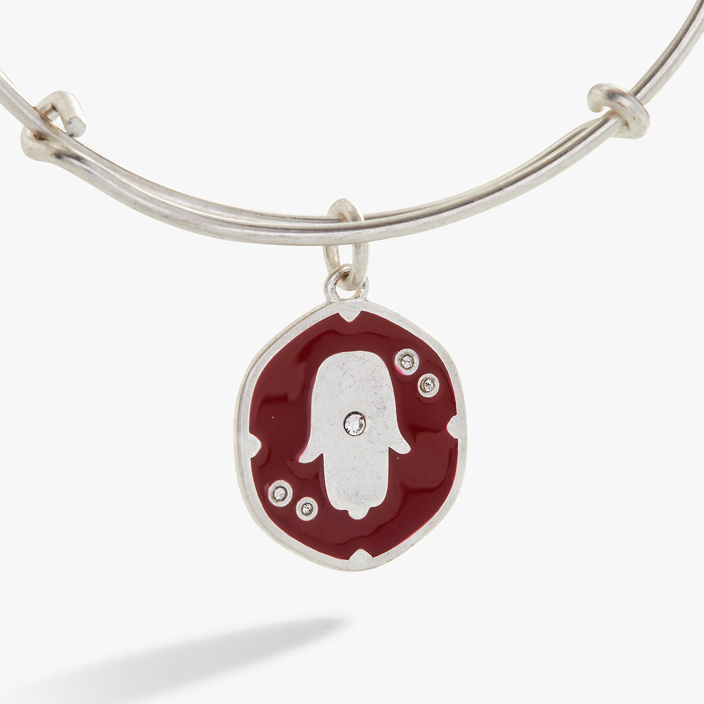 Glass Crystal Hamsa Charm Bangle in Silver and Dark-Red