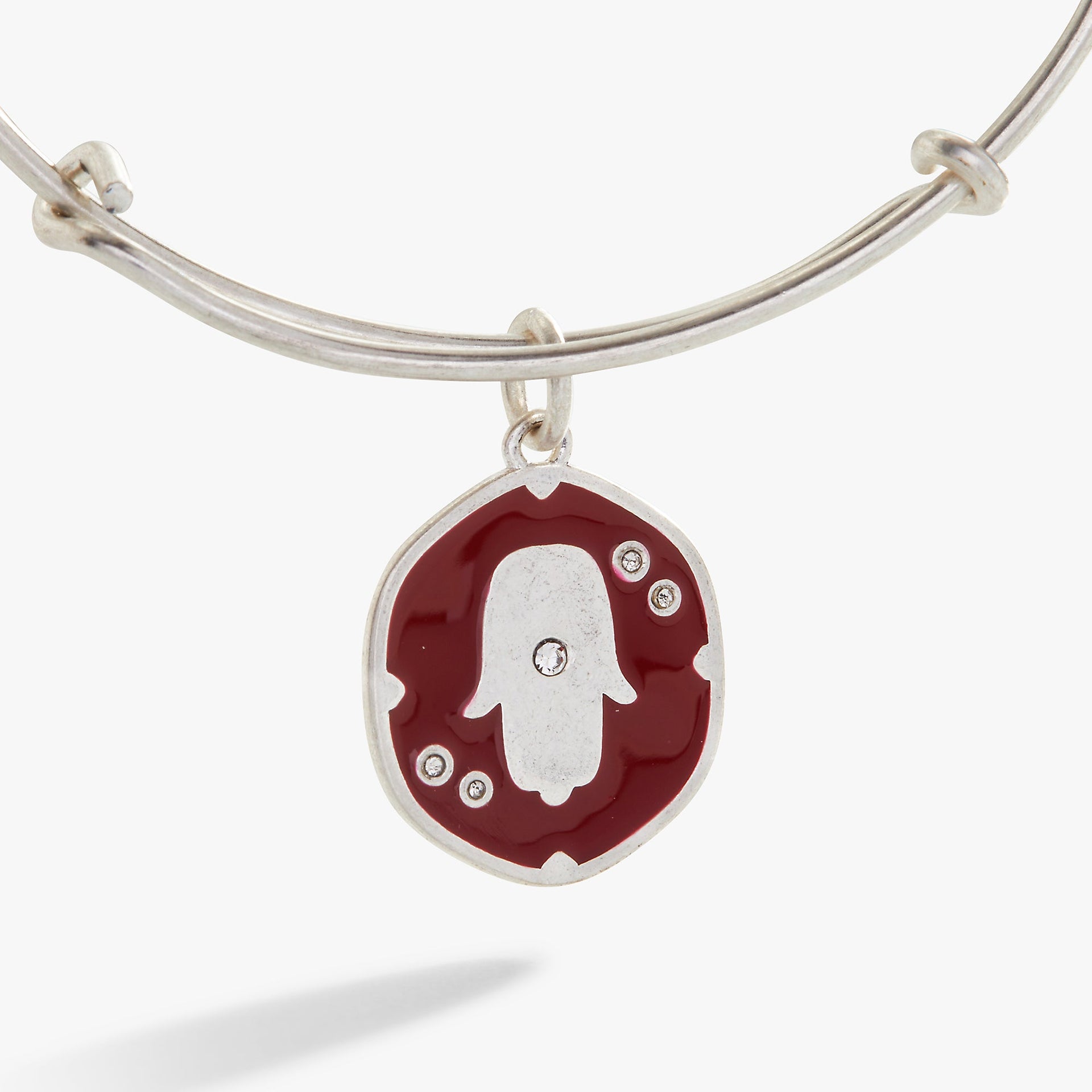 Glass Crystal Hamsa Charm Bangle in Silver and Dark-Red