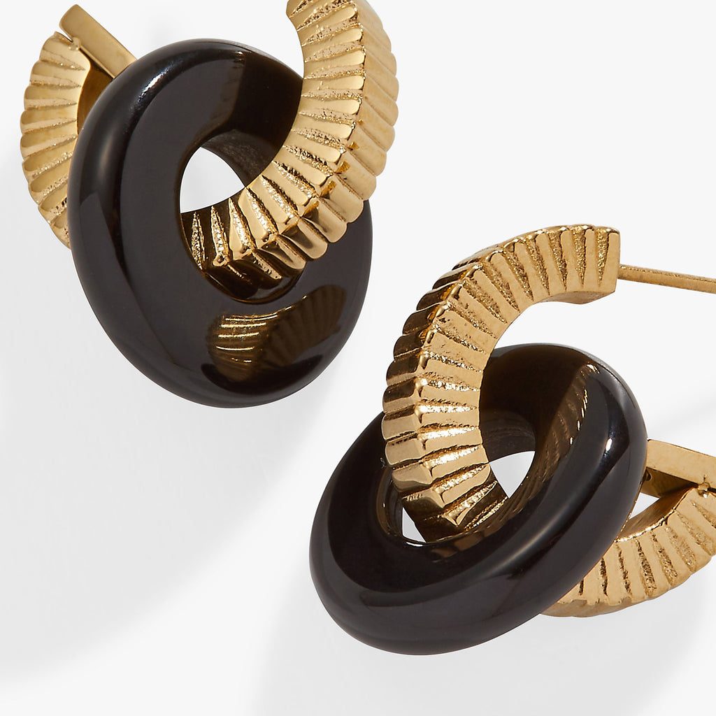 Black Onyx Textured Ring Earrings in Gold or Silver Tone