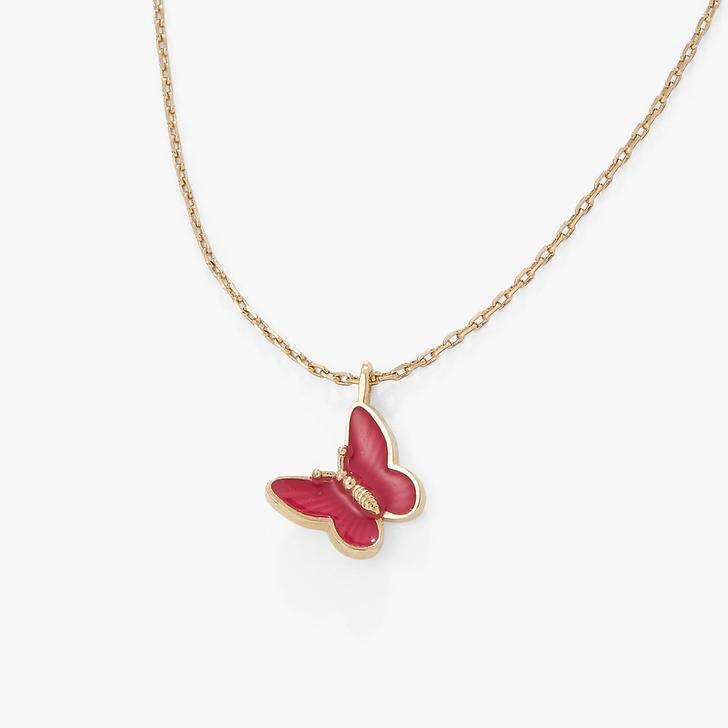 Pink Enamel Butterfly Pendant Necklace in Shiny Gold Adjustable