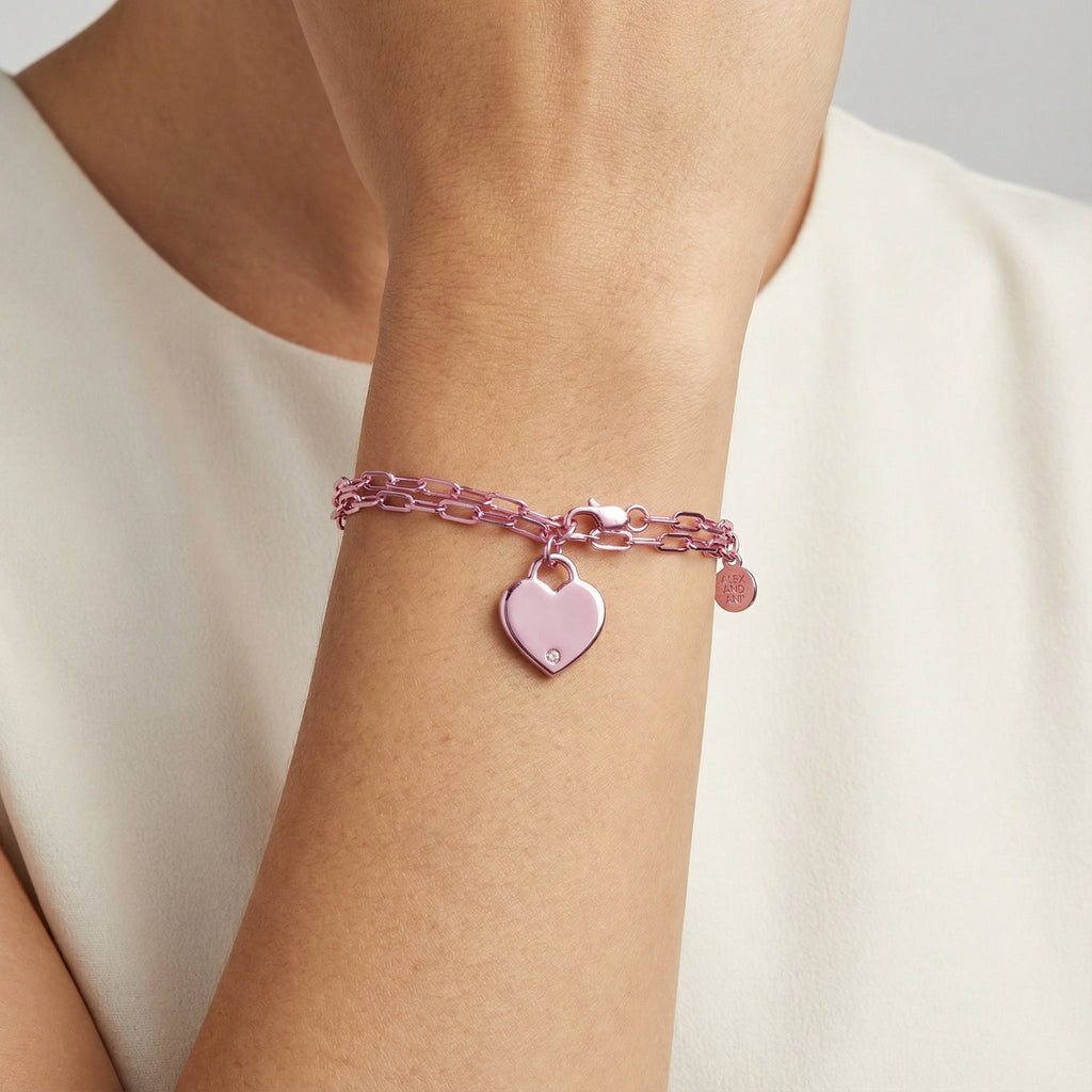 Heart Charm Double Paperclip Chain Bracelet in Gold, Silver, Rose-Gold