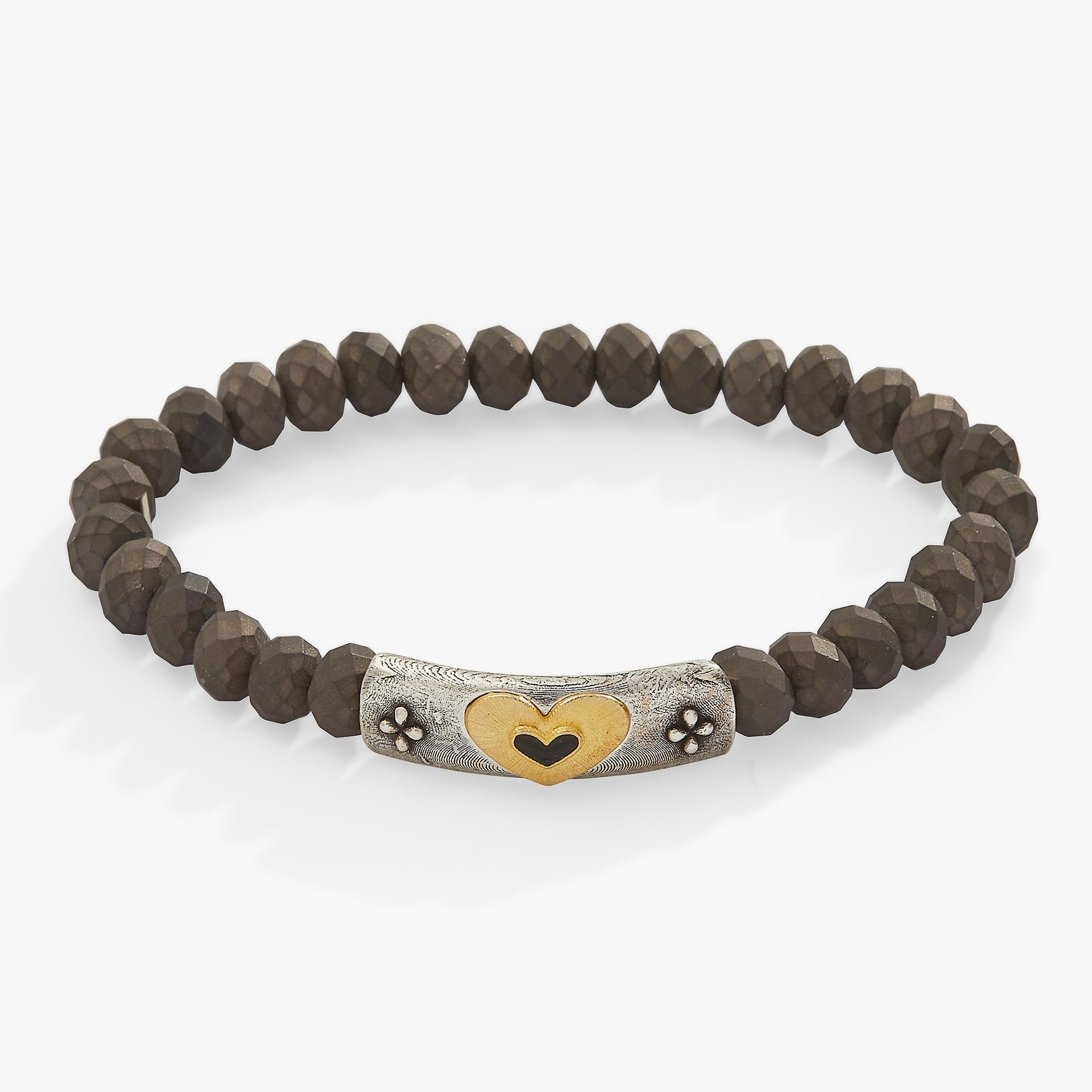 Antique heart charm bracelet with matte brown textured glass beads and black epoxy detail.