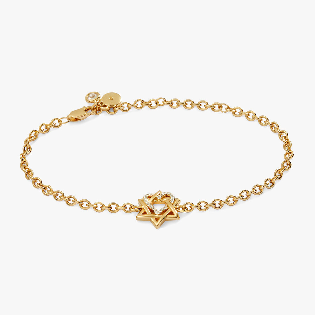 14kt gold-plated Star of David charm with a crystal-encrusted heart on a bracelet