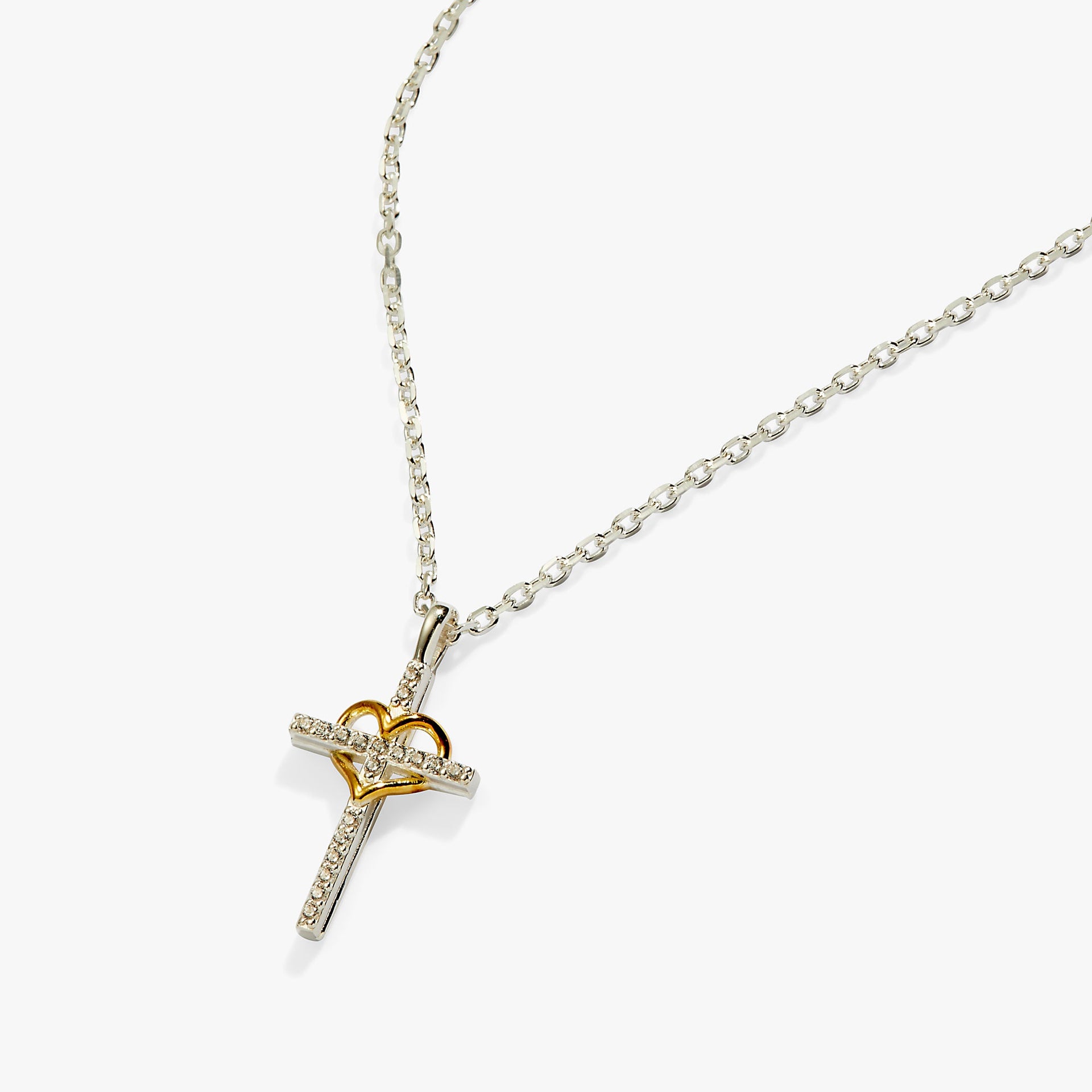 Cross and Heart Pendant Necklace in Sterling Silver and Gold Plate