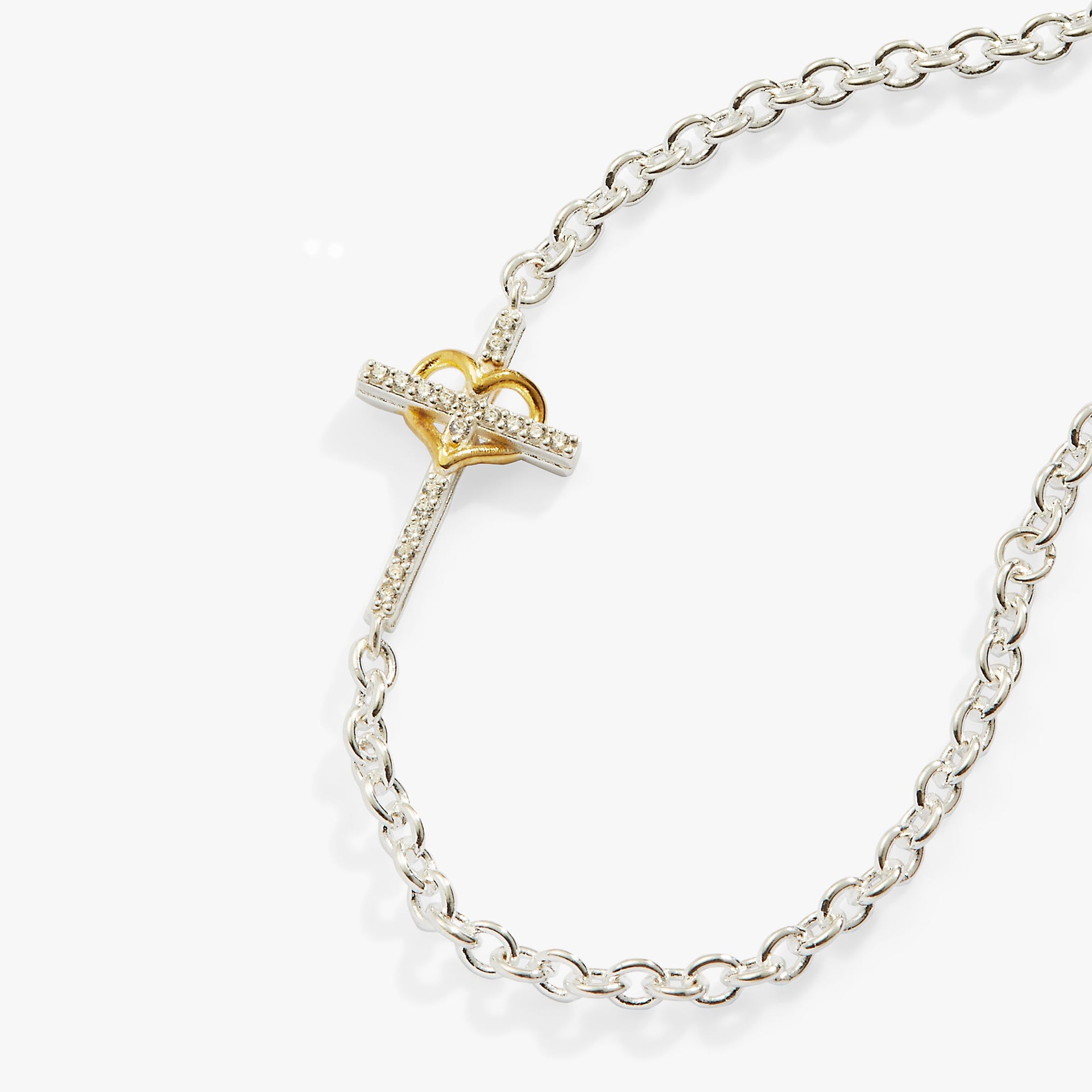 Cross and Heart Charm Bracelet in Sterling Silver with Gold Plating
