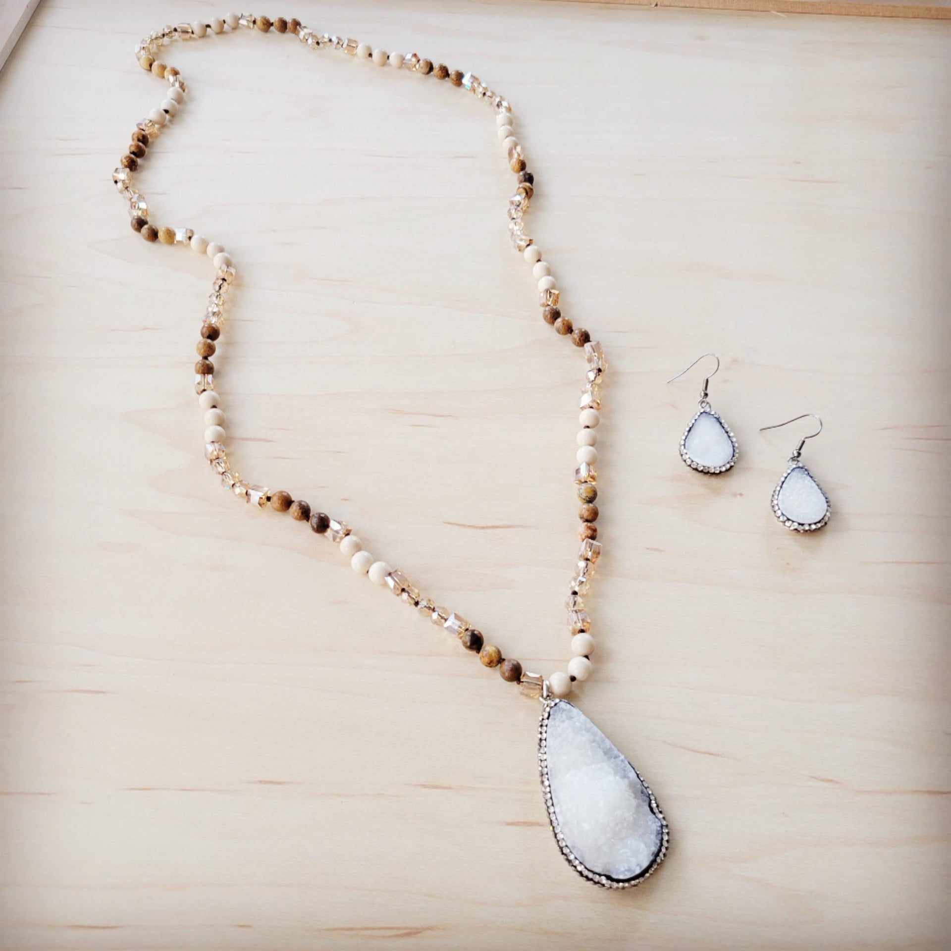 Picture Jasper Beaded Necklace with White Druzy Pendant