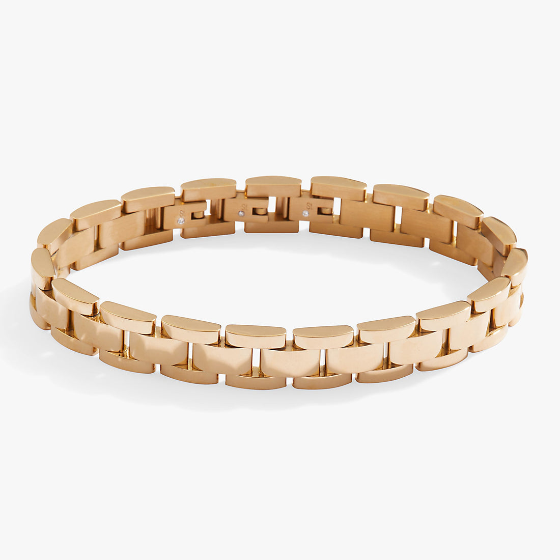 Chunky chain link bracelet styled like a watch strap with removable links.