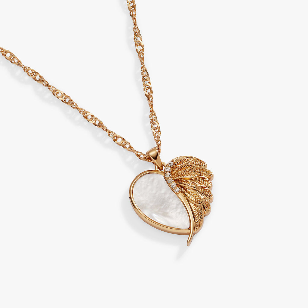 Mother of Pearl Wings of Protection Heart Charm Necklace
