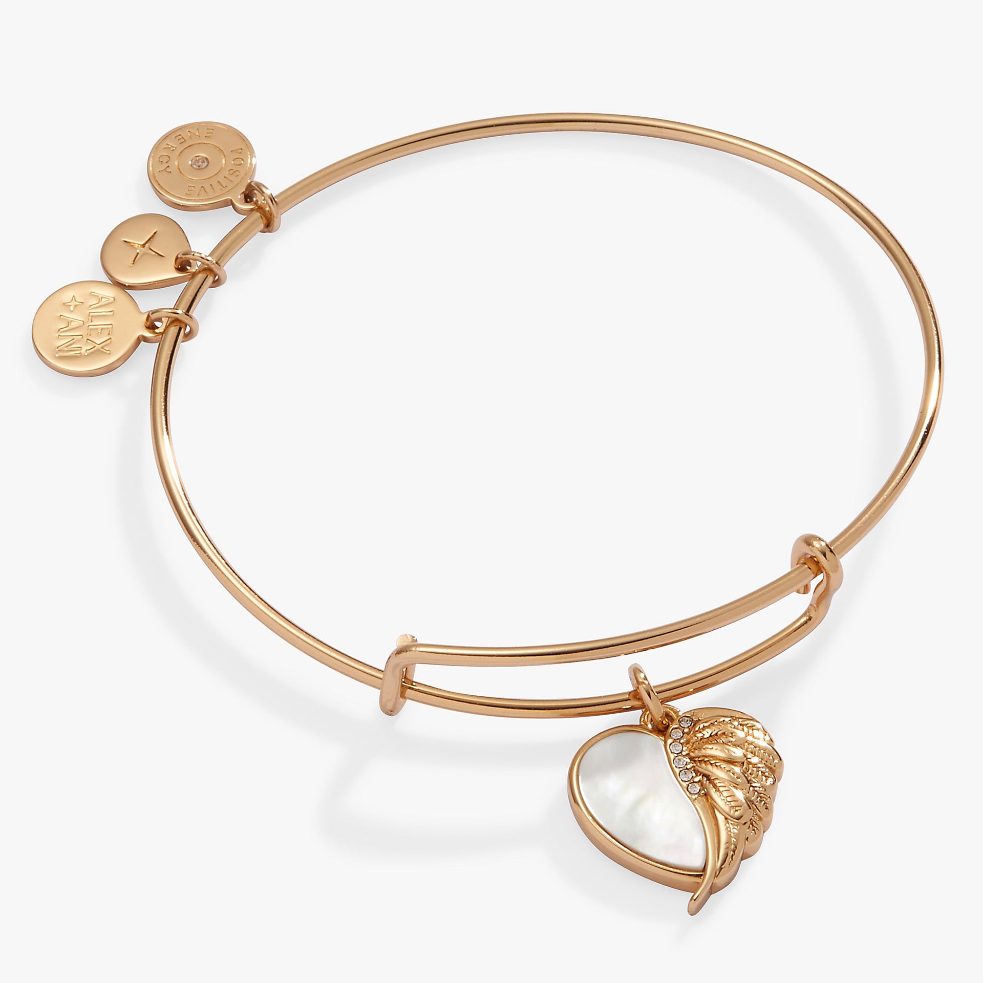 Wings of Protection bangle with Mother of Pearl heart charm and crystal-embellished angel wing