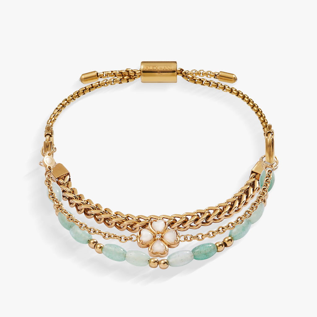 Three-strand bracelet set featuring a White Jade clover charm and herringbone chain