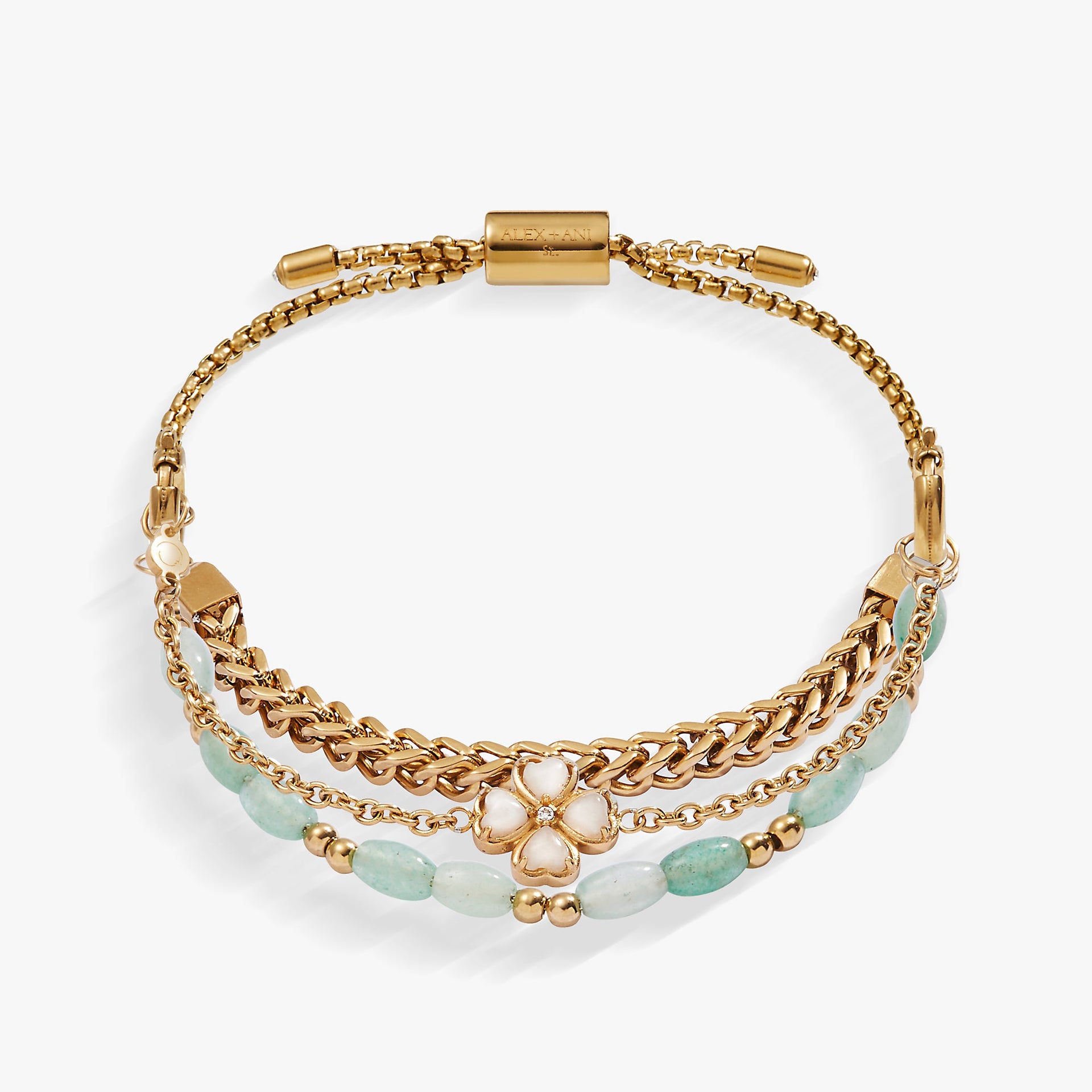 Three-strand bracelet set featuring a White Jade clover charm and herringbone chain