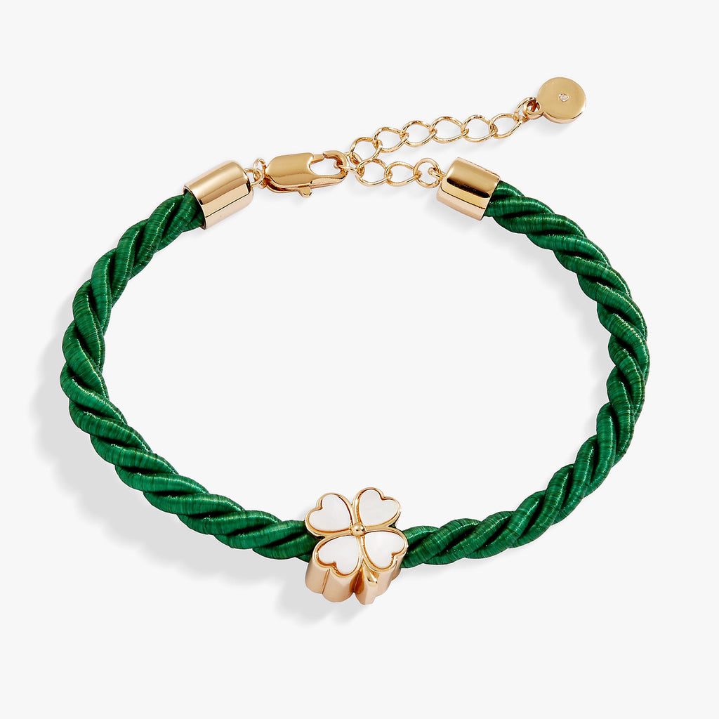 Adjustable emerald green cable chain bracelet with brushed enamel clover and blush crystal