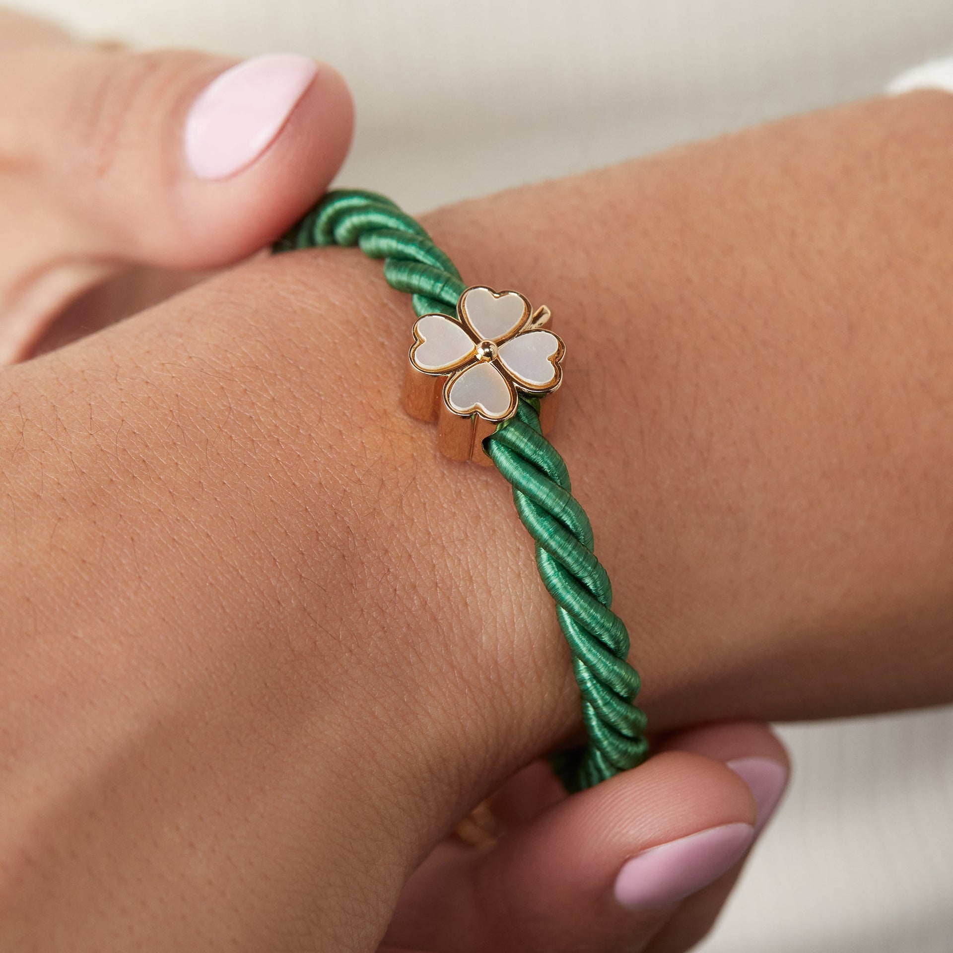 Four Leaf Clover Cord Bracelet with Blush Crystal Detail