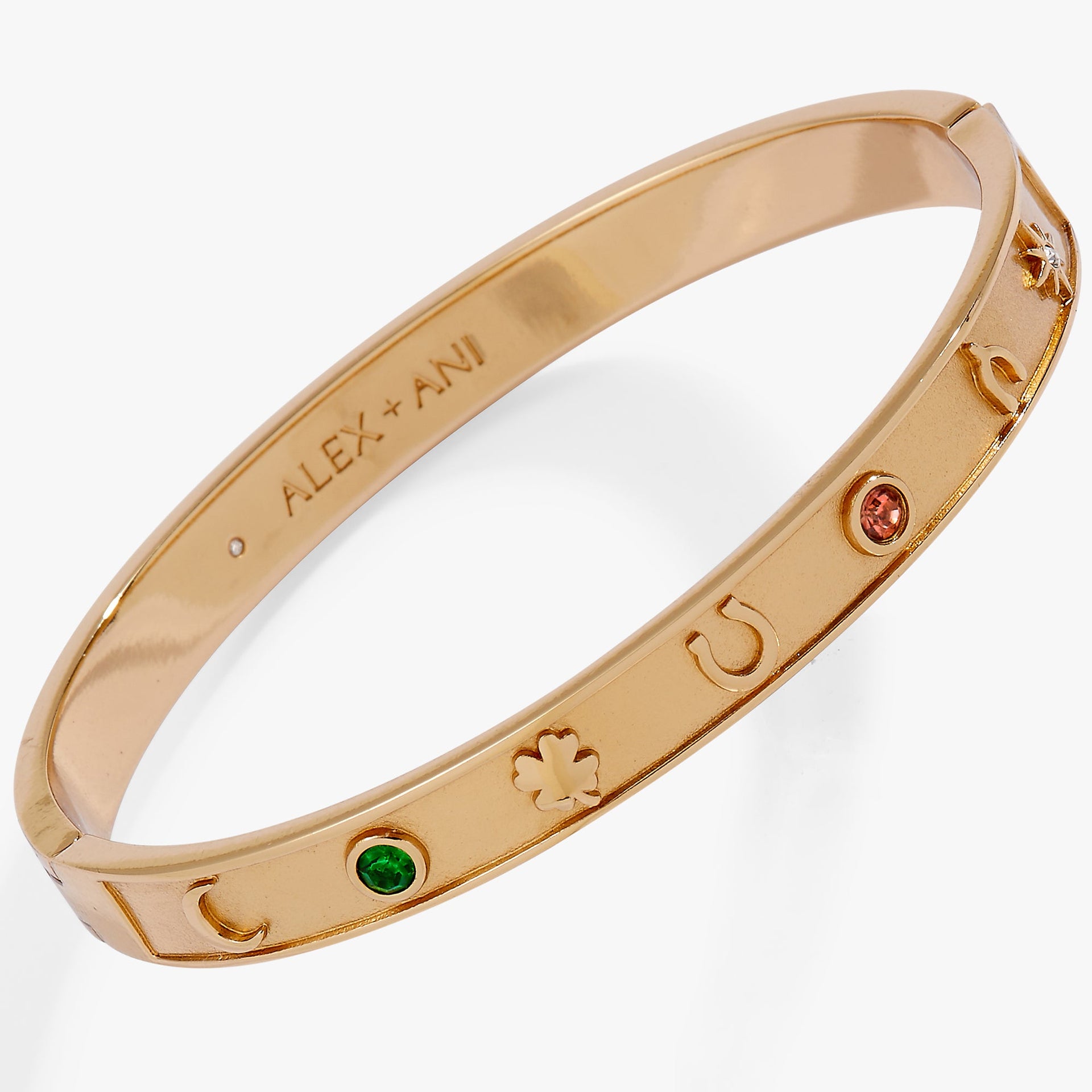 Lucky Hinge Bangle with Wishbone and Four-Leaf Clover