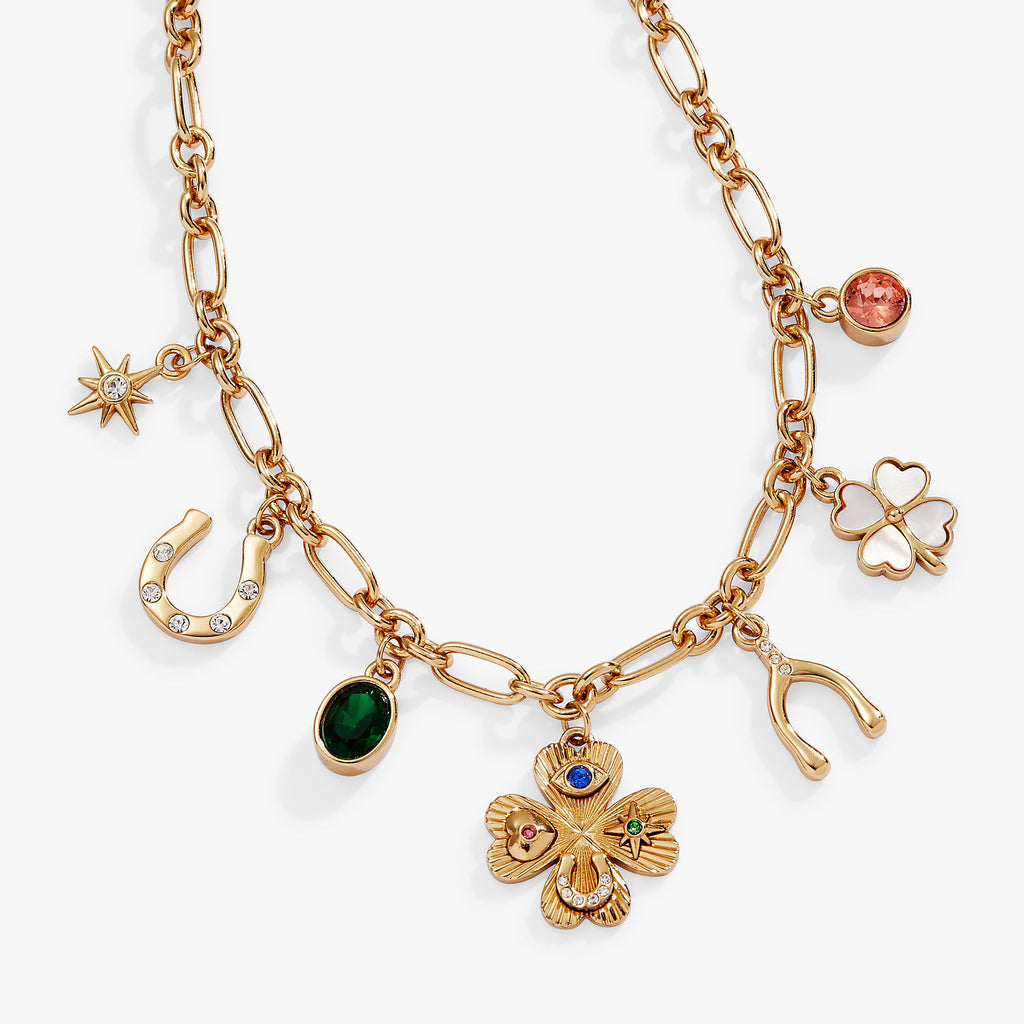Lucky Four Leaf Clover Charm Necklace with Crystal Evil Eye