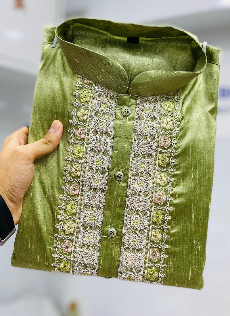 Boys Mehendi Green Silk Kurta and Pajama Set for Special Occasions