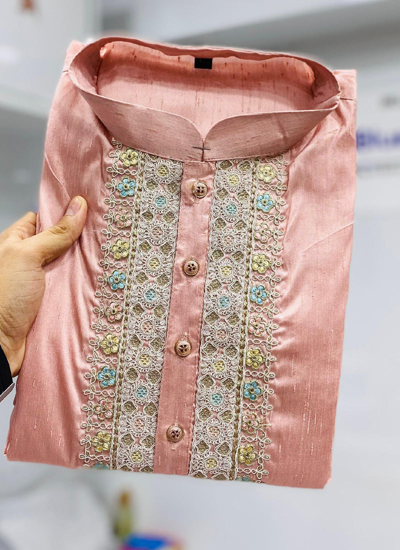 Baby Pink Shiny Silk Kurta Pajama Set with Coding Work