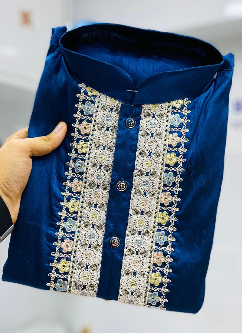 Boys Blue Shiny Silk Coding Work Kurta and Pajama Set