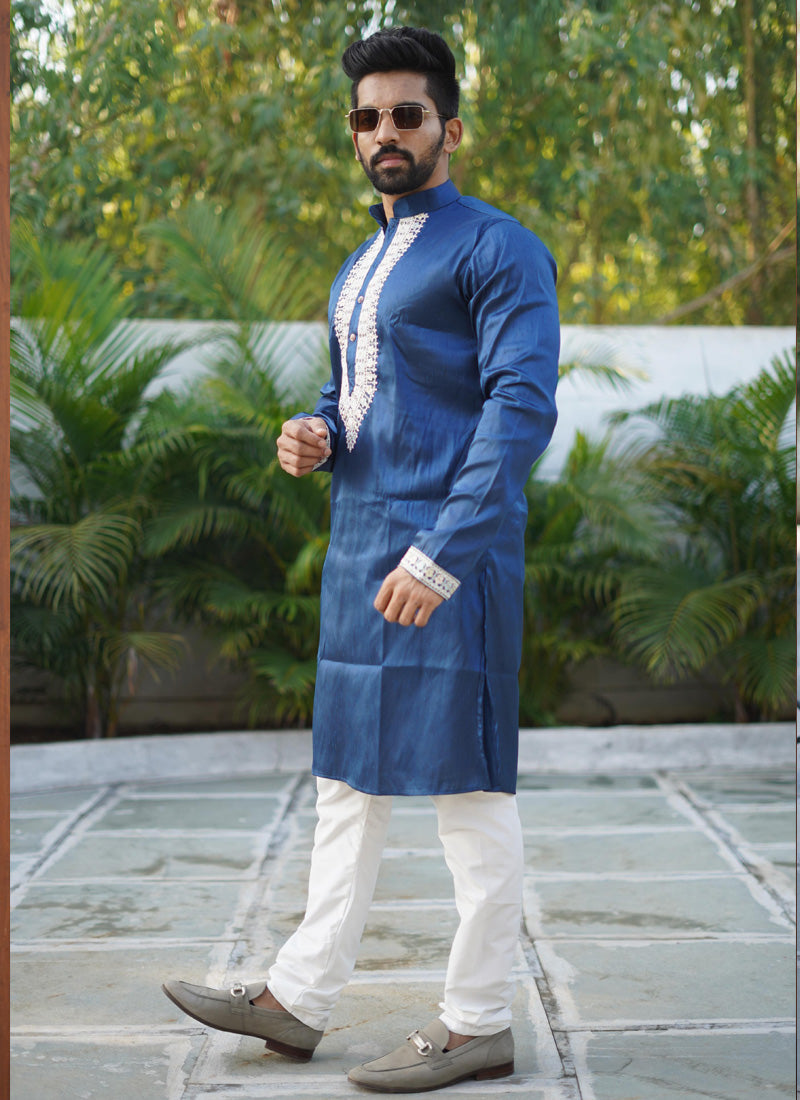 Blue shiny silk kurta with decorative coding work for boys
