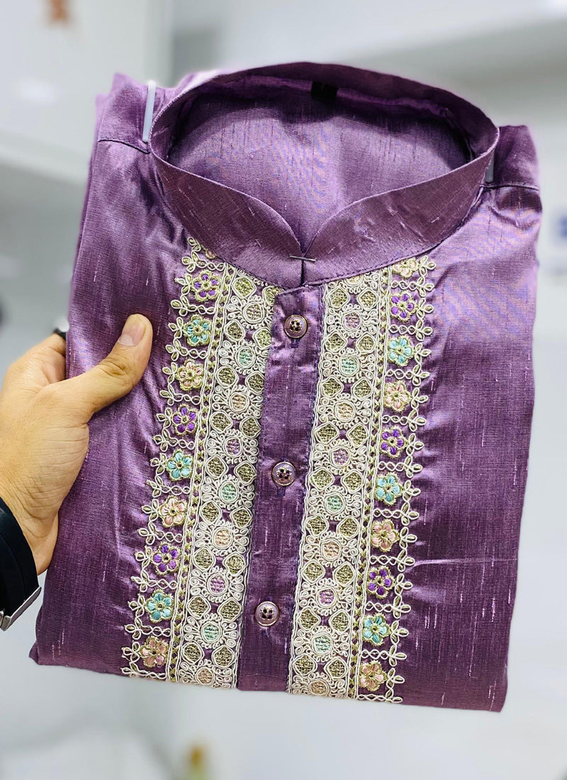 Lavender Shiny Silk Coding Work Kurta with Pajama Set