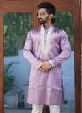 Lavender shiny silk kurta with coding work and matching pajama set