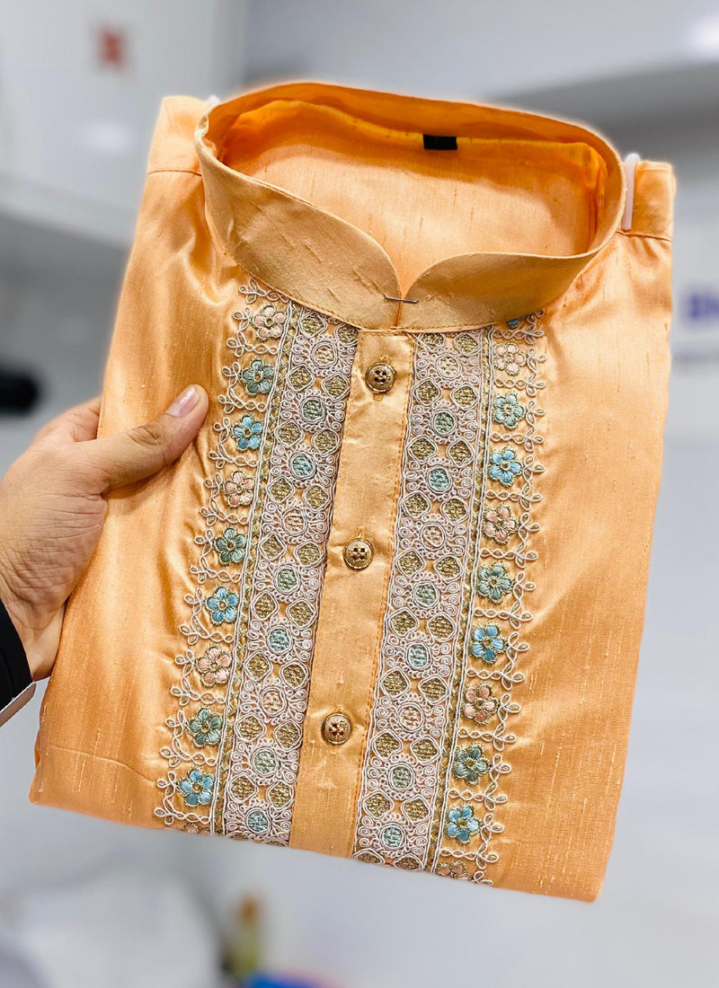 Orange Shiny Silk Kurta with Pajama Set for Toddler Boys