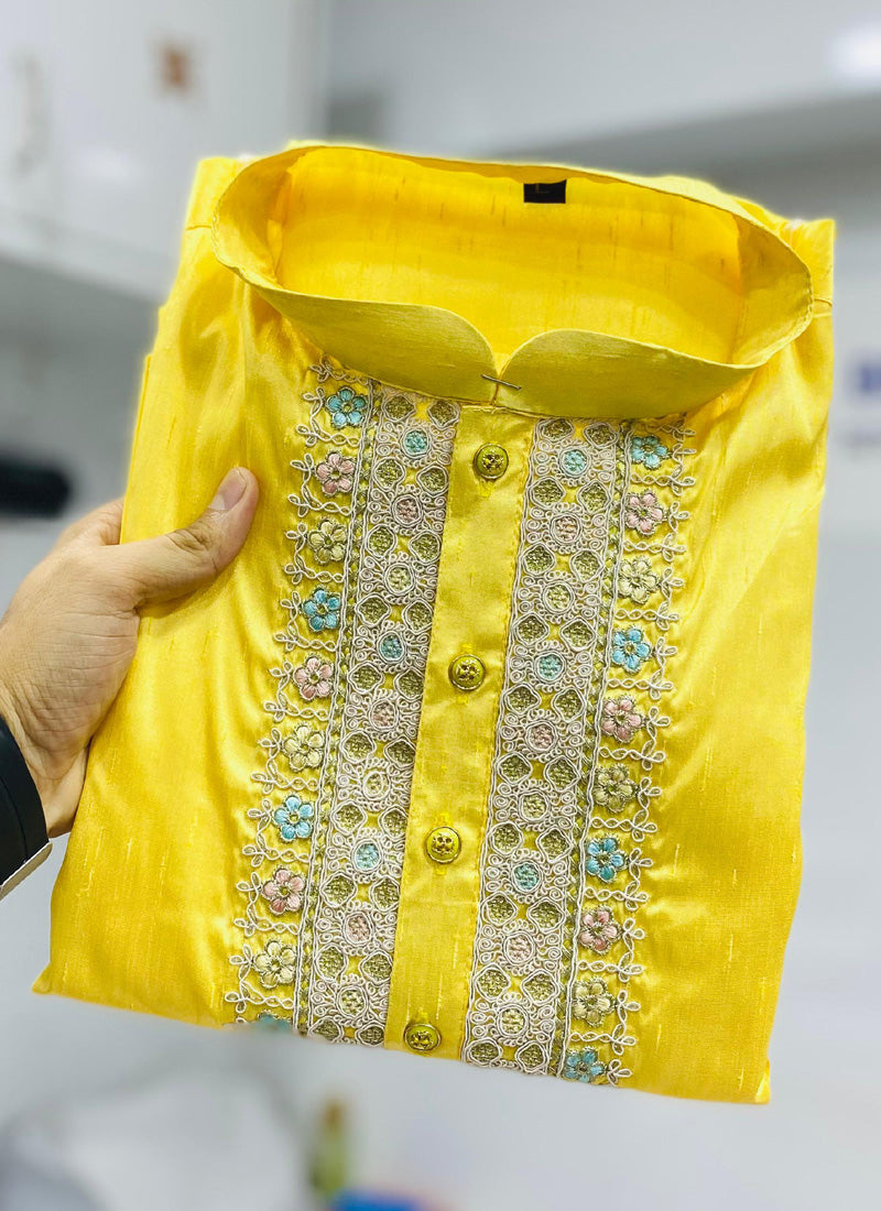 Boys Yellow Shiny Silk Coding Work Kurta and Pajama Set
