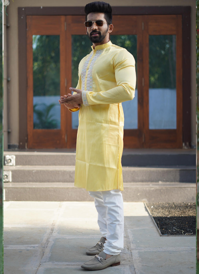 Yellow shiny silk kurta with coding work and matching pajama for boys