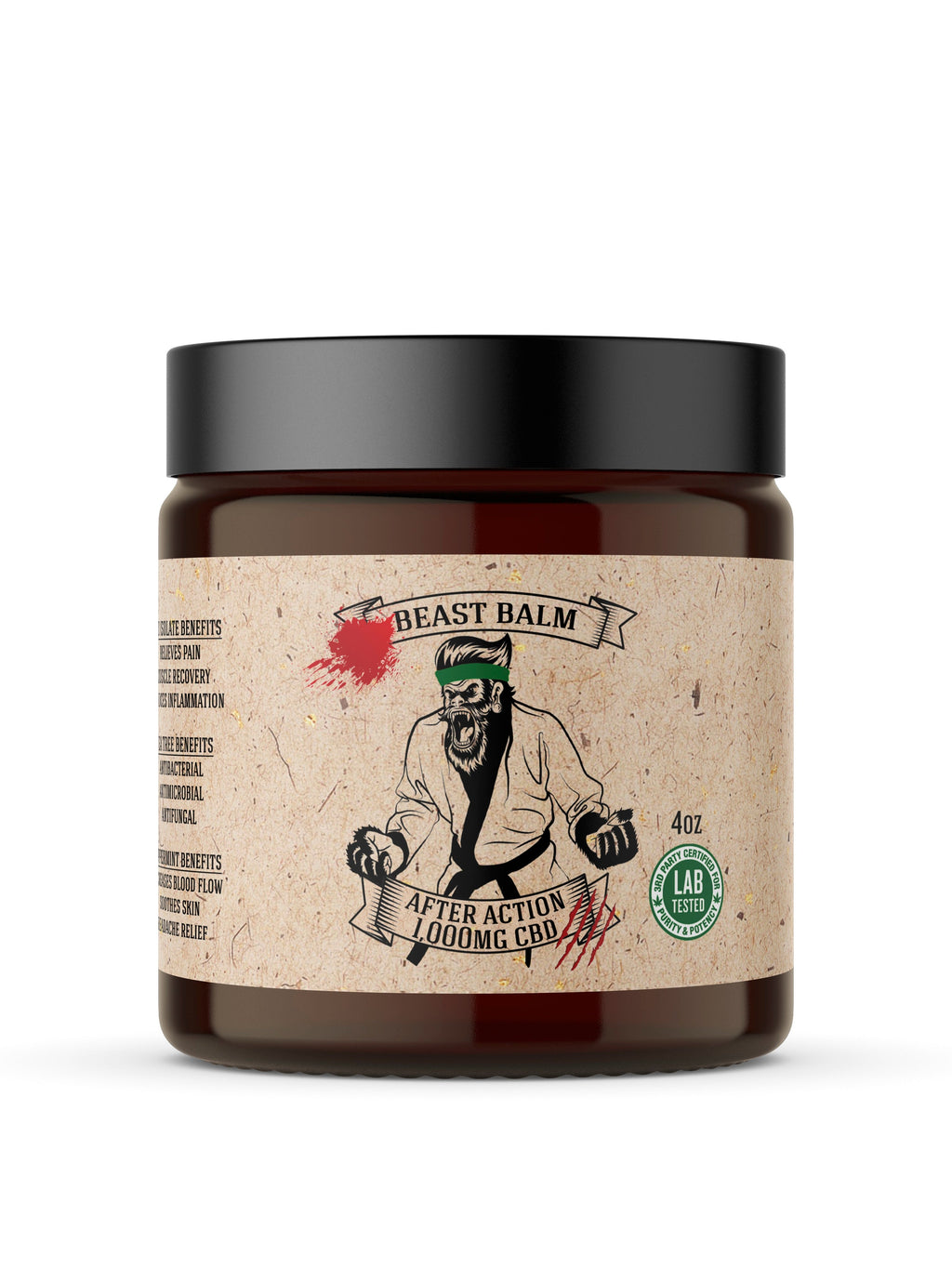 A 4oz jar of Johnny Slicks After Action Beast Balm with 1000mg CBD, featuring an illustration of a monkey in a karate gi.