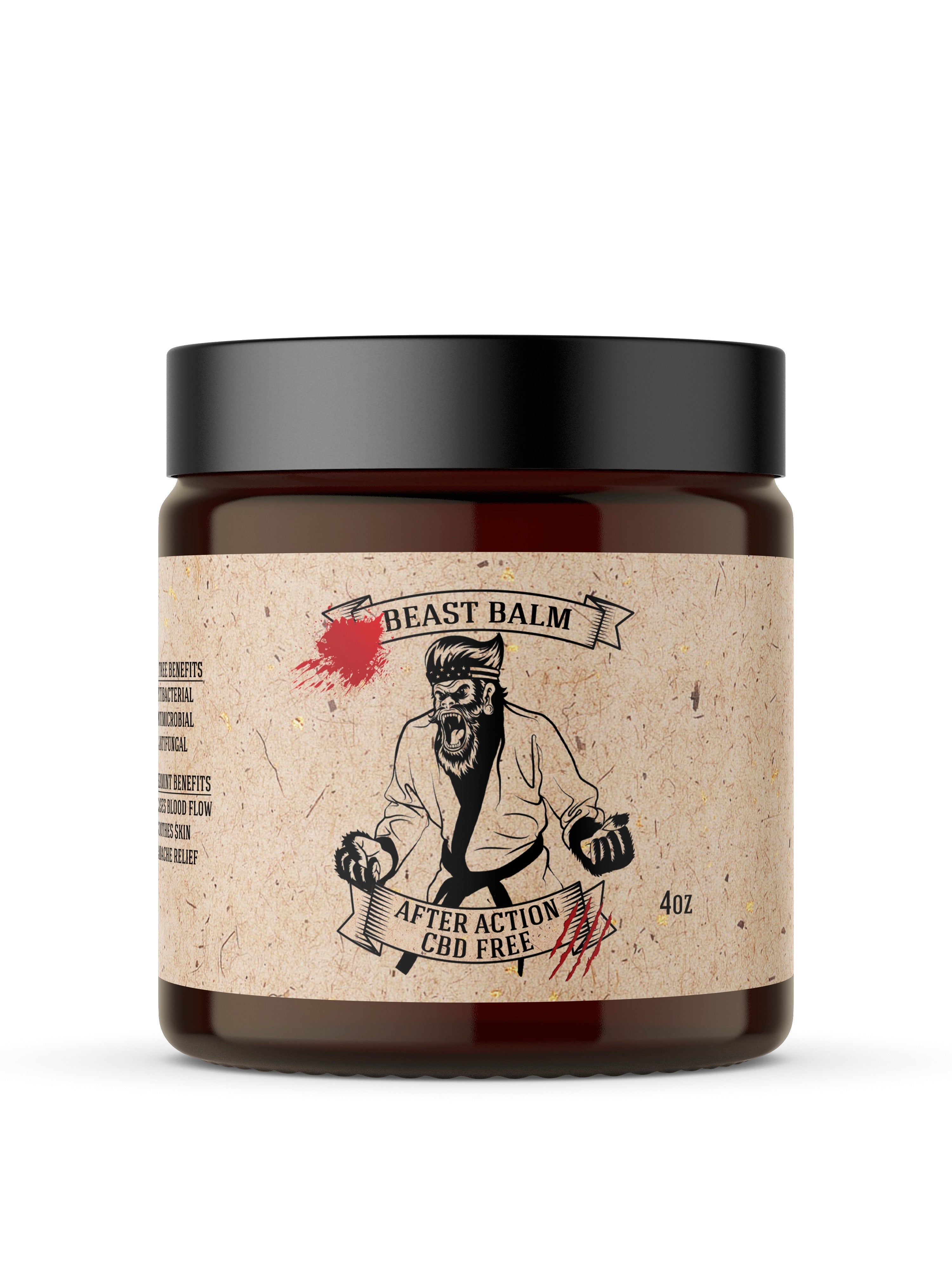 Johnny Slicks After Action Hemp-Free Beast Balm 4oz jar with vintage paper label and ape graphic.