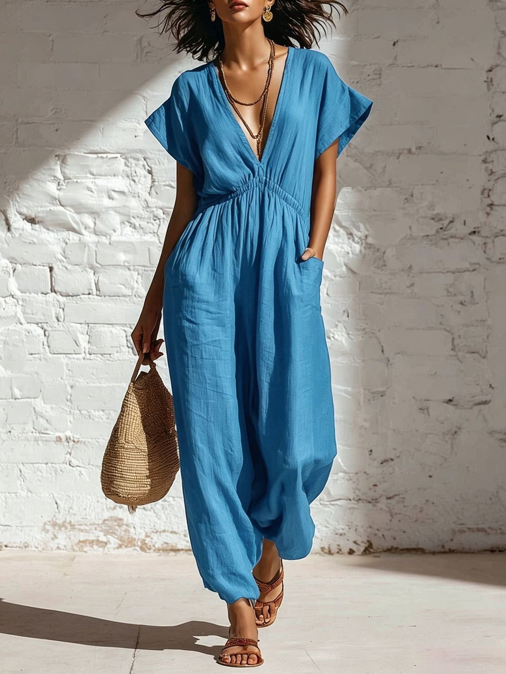 Women's Deep V-Neck Wide Leg Jumpsuit in Cotton, Relaxed Fit