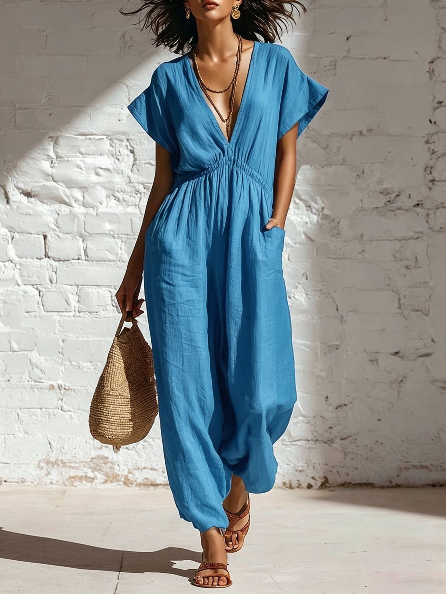 Women's Deep V-Neck Wide Leg Jumpsuit in Cotton, Relaxed Fit