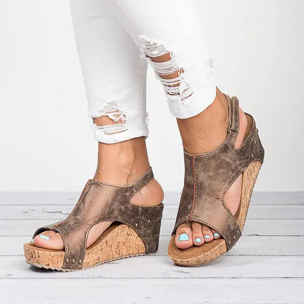 Women Wedge Peep Toe Sandals with Cork Platform and Stud Detail - Image 3
