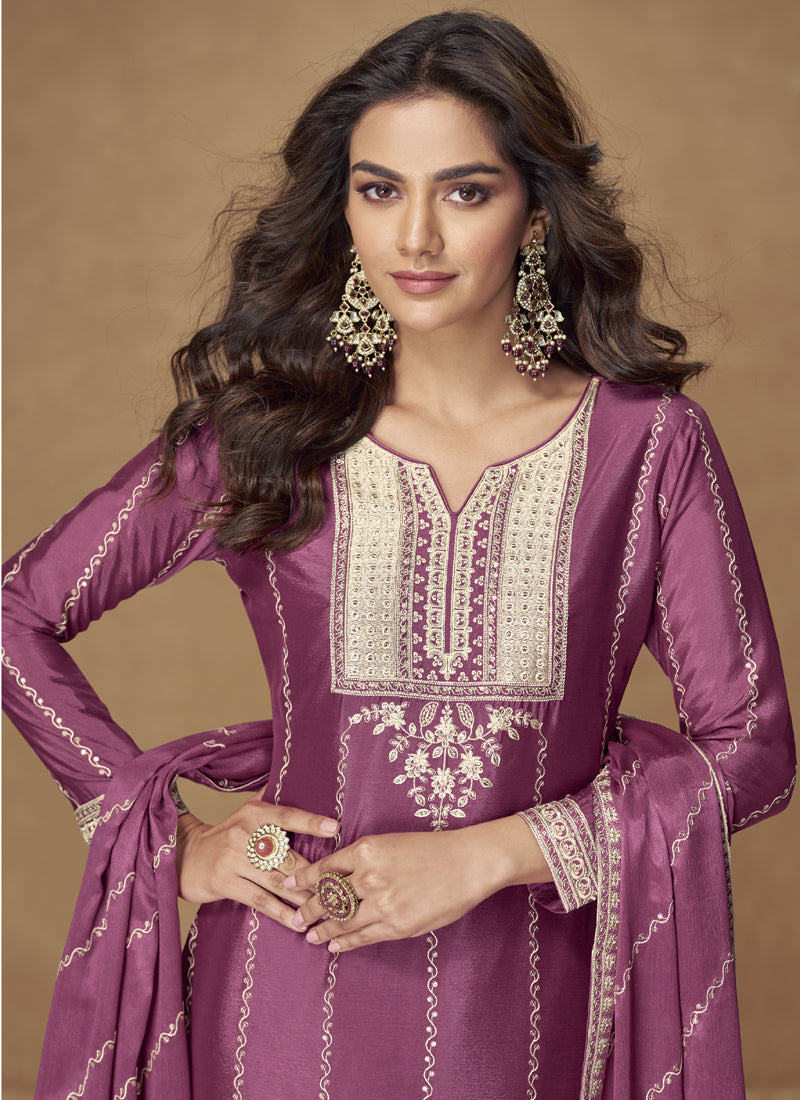 Onion Pink Chinon Silk Embroidered Palazzo Suit for Weddings