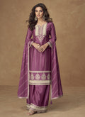 Onion Pink Chinon Silk palazzo suit featuring intricate gota patti and embroidery details.