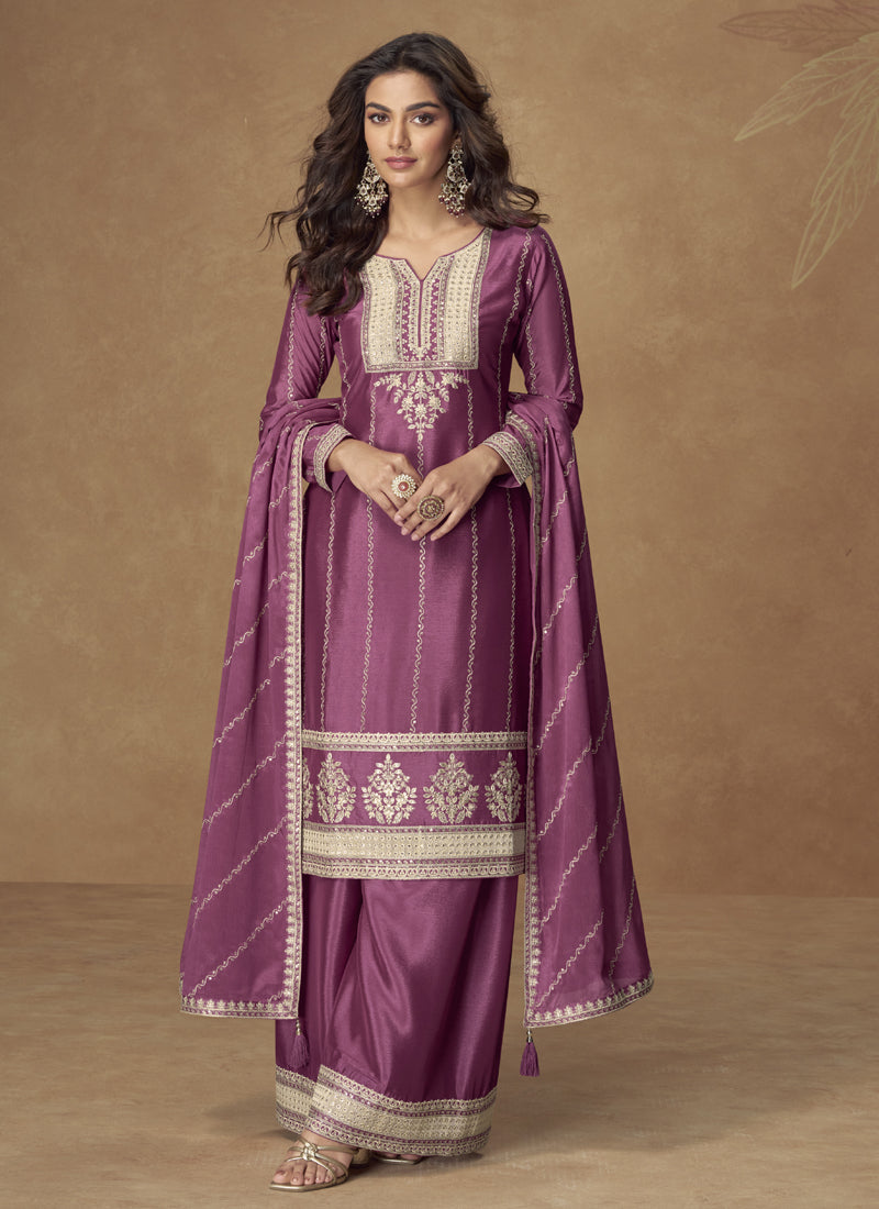 Onion Pink Chinon Silk palazzo suit featuring intricate gota patti and embroidery details.