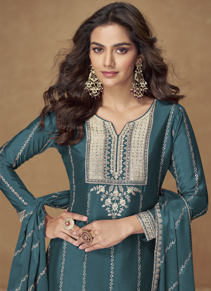 Teal Blue Chinon Silk Embroidered Palazzo Suit